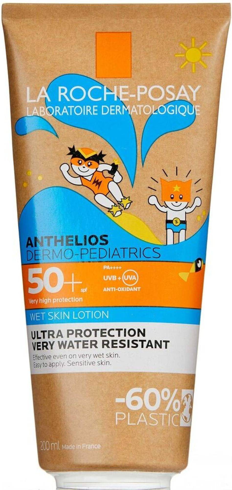 La Roche-Posay Anthelios Wet Skin SPF50+ Aurinkosuoja lapsille -tuotekuvaus, erittäin korkea ja laajakirjoinen suoja lapsen herkälle iholle, voidaan levittää kuivalle tai kostealle iholle, erittäin vedenkestävä, sopii herkälle ja aurinkoherkälle iholle, kasvoille ja vartalolle, helppo levittää raikas ja kevyt voide, ei jätä valkoisia jälkiä, muodostaa näkymättömän kalvon iholle, suojaa tehokkaasti, ympäristöystävällinen tuubi