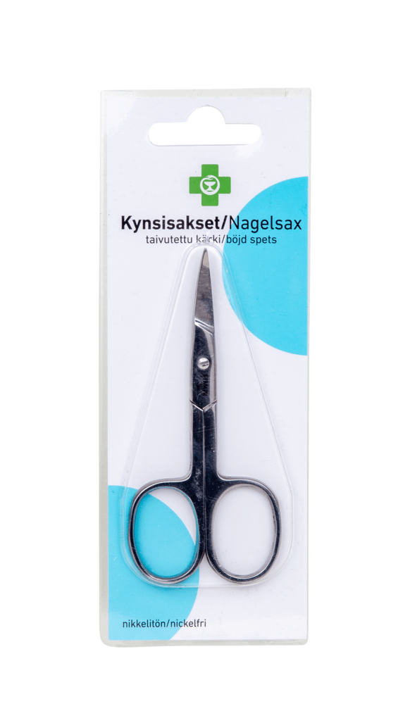 Kuva ruostumattomasta teräksestä valmistetuista kynsisaksista, joissa on taivutettu kärki