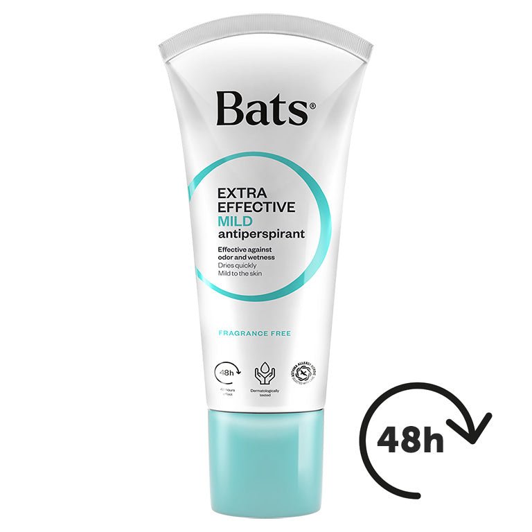 Bats Roll-On Antiperspirantti, hajusteeton ja tehokas hikoilun ehkäisy herkälle iholle, käytetään iltaisin puhtaalle iholle