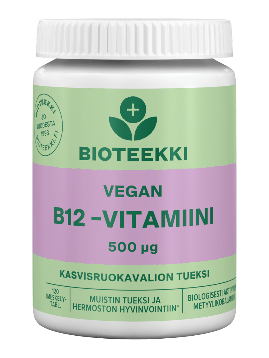 Kuva Bioteekki Vegan B12-Vitamiini -tuotteesta, joka on vegaaninen B12-vitamiinilisä