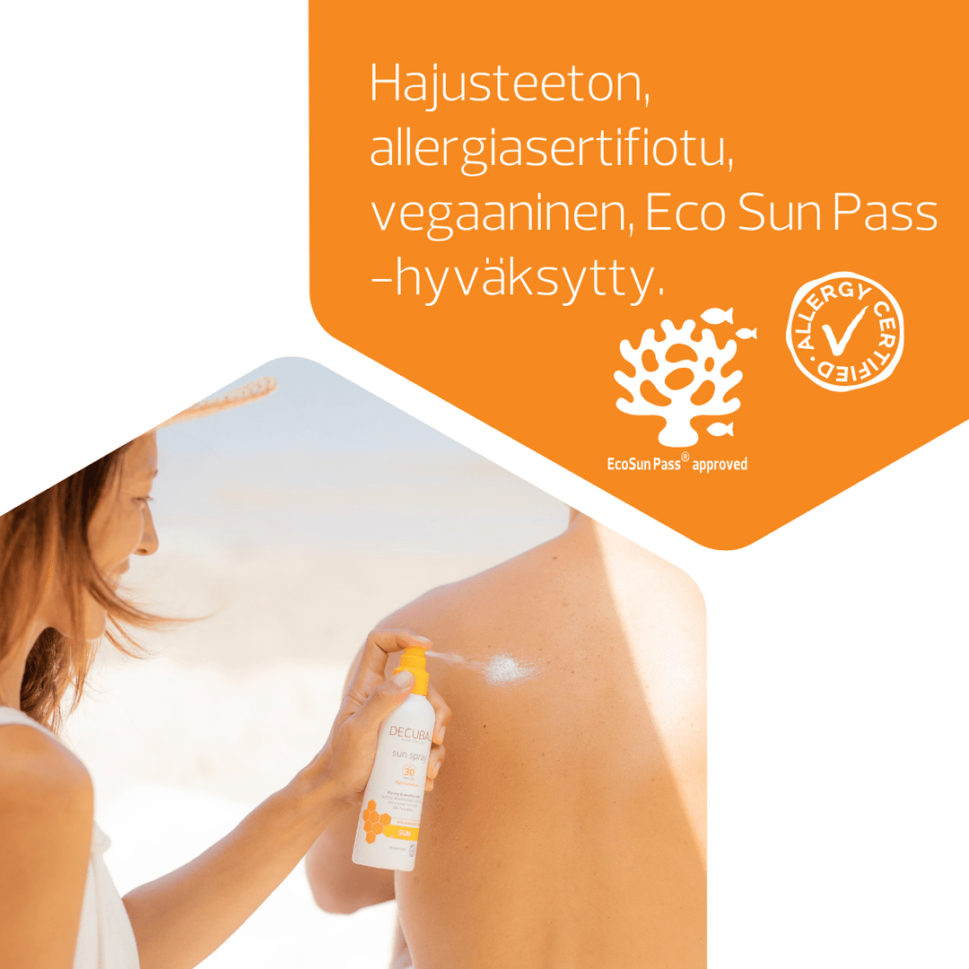 Decubal Body Sunspray SPF30 Pullo aurinkosuoja 30 kosteuttaa ja suojaa ihoa UV-säteilyltä