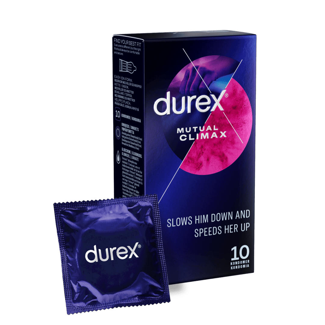 Durex Mutual Climax kondomit, joissa on Climax Control -ominaisuus, auttavat sinua nauttimaan pidempään yhdynnästä