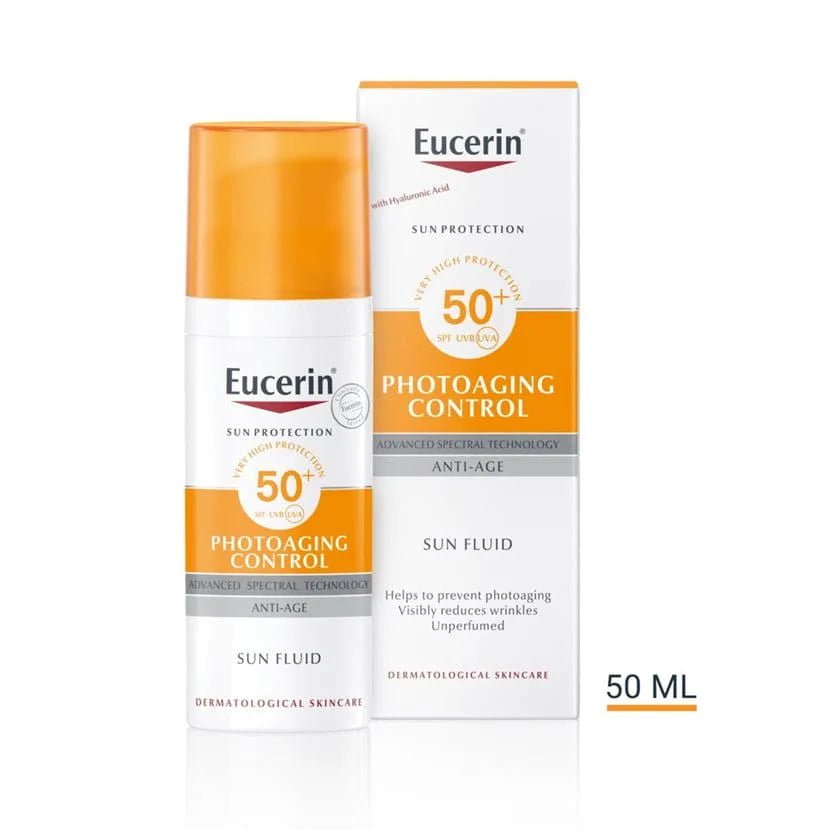 Tuotekuvaus: Eucerin Sun Antiage Control SPF50 - Kasvojen aurinkosuoja HEVIS-valolta ja ennenaikaiselta ikääntymiseltä