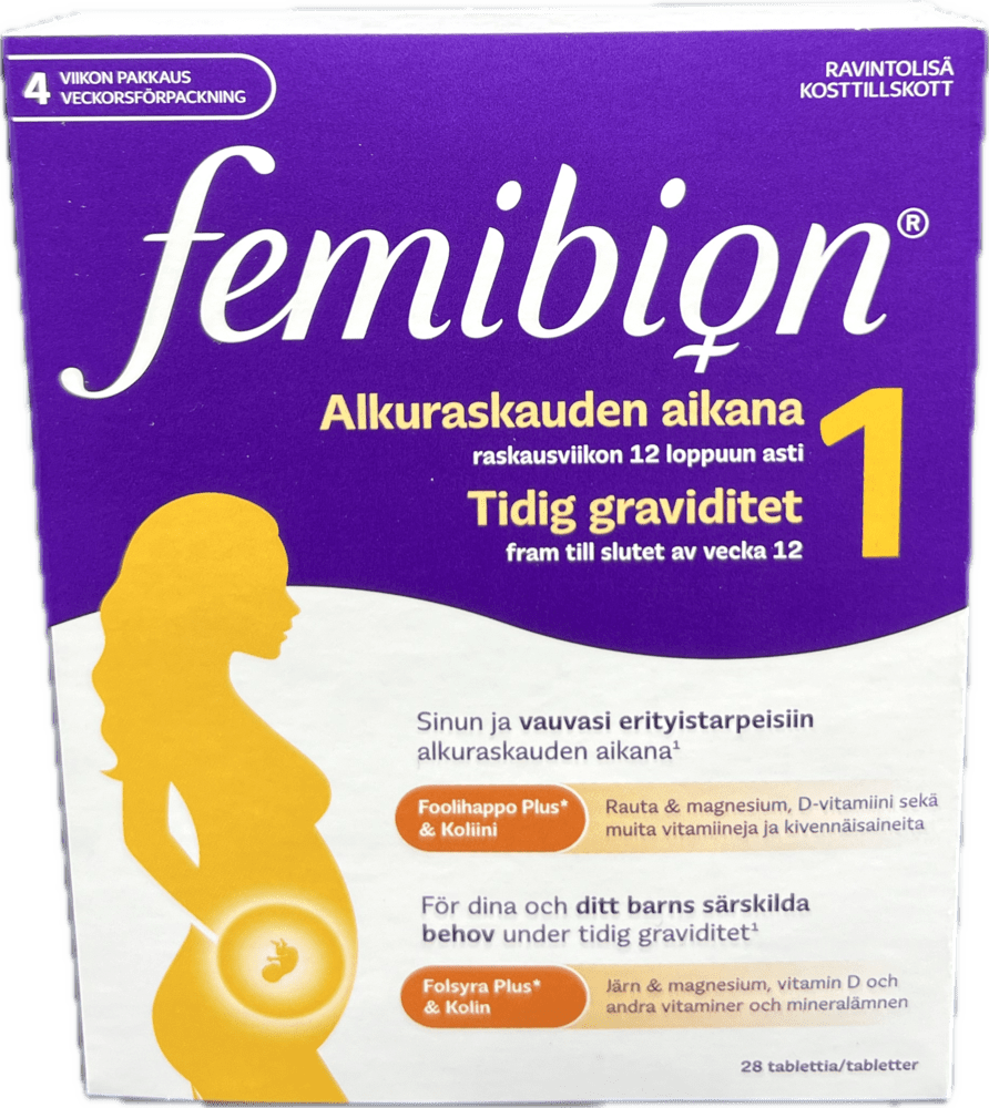 Tuotekuvaus: Femibion 1, Ravintolisä Alkuraskauteen 28 tabl - Monipuolinen vitamiinivalmiste raskautta suunnitteleville ja raskauden ensiviikoille, runsaasti foolihappoa, vitamiineja C, E, D ja B sekä jodia