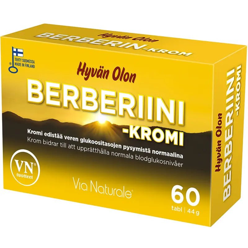 Luonnollinen Hyvän Olon Berberiini+Kromi -ravintolisä auttaa ylläpitämään terveyttä ja tasapainoista verensokeritasoa
