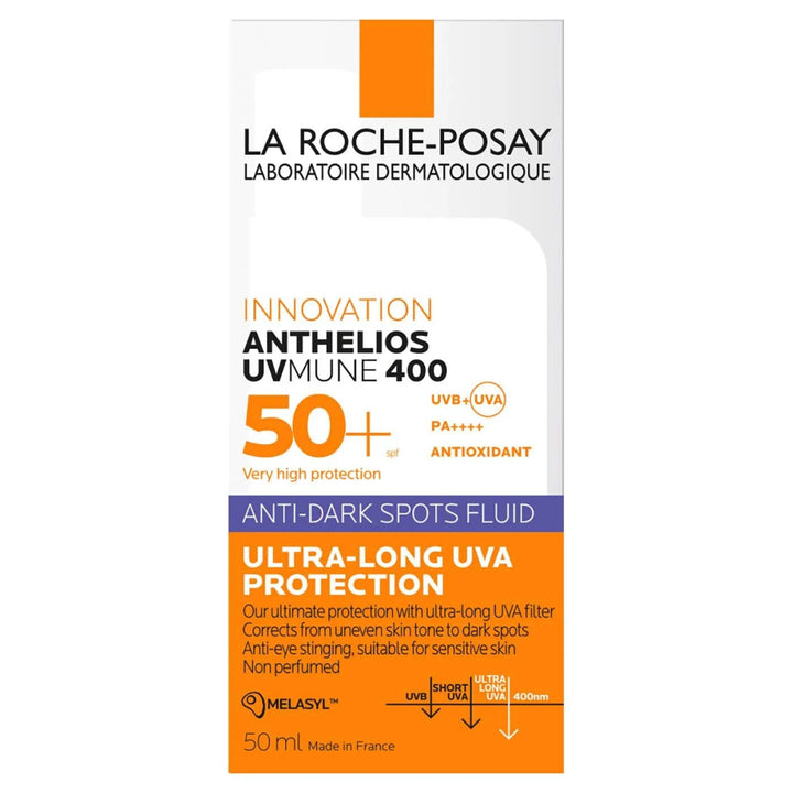La Roche-Posay Anthelios UVMUNE Anti-Dark Spots SPF50+ 50 ml -tuotekuva esittelee aurinkosuojatuotteen valkoisen pullo, jossa on SPF50+ -suojakerroin ja anti-dark spots -ominaisuus