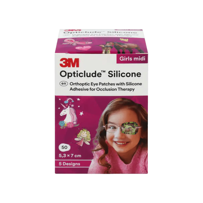 Opticlude™ Silicone Maxi on silikonista valmistettu silmälaastari yli 6-vuotiaille tytöille sisältäen 50 kpl lajitelman