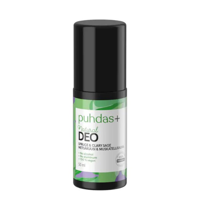 Puhdas+ Natural Deo, Metsäkuusi & Muskatellisalvia 50 ml - luonnollinen deodorantti, joka sisältää metsäkuusen ja muskatellisalvian tuoksua