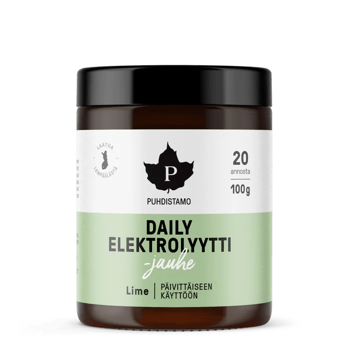 Puhdistamo Daily Elektrolyyttijauhe Lime 100 g - Tuote kuvauskuva elektrolyyttijauheesta
