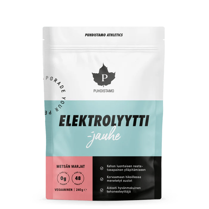Kuvassa Puhdistamon metsän marjainen elektrolyyttijauhe 120 g tai 240 g pakkauksessa, sisältäen sokerittoman ja herkullisen makuisen elektrolyyttijuomajauheen, joka sisältää Guérande-merisuolaa, C-vitamiinia ja orgaanista rikkiä (OptiMSM™), sopii nesteytykseen hikoilun, urheilun tai kuumana päivänä