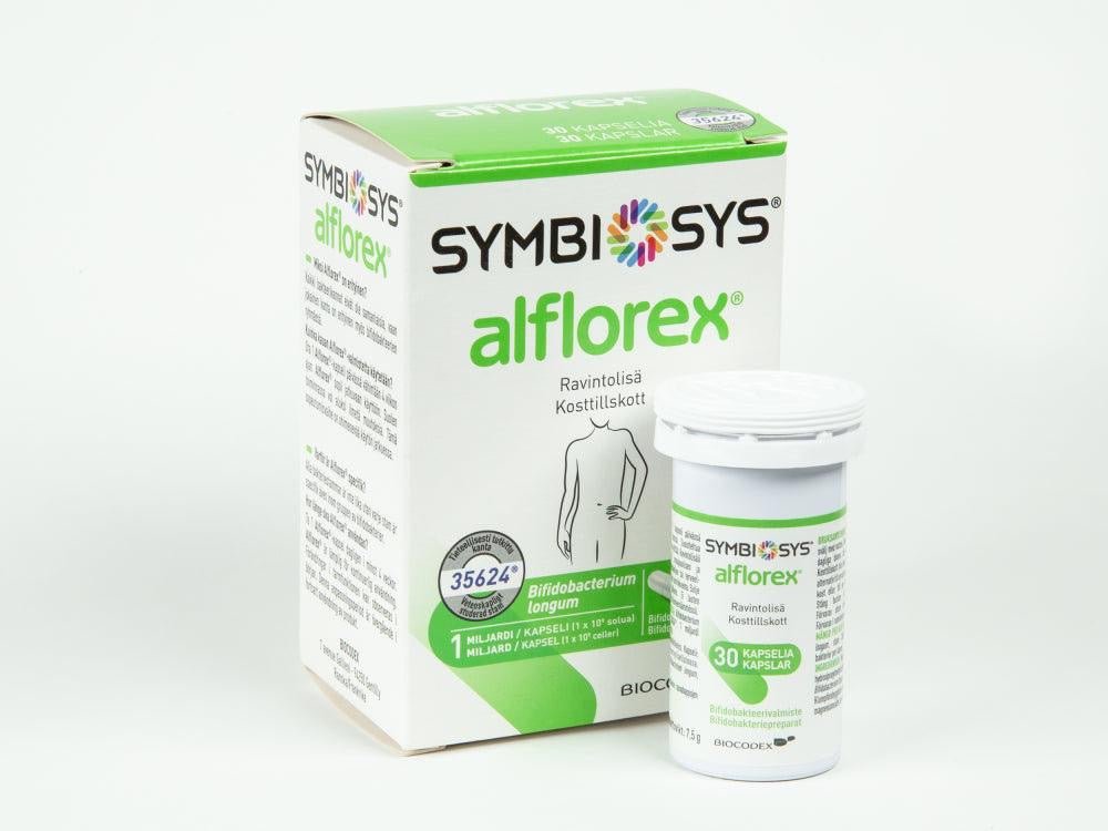 Symbiosys Alflorex -pullo ja pakkaus