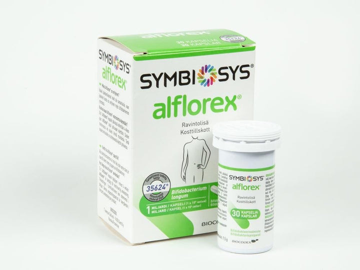 Symbiosys Alflorex -pullo ja pakkaus