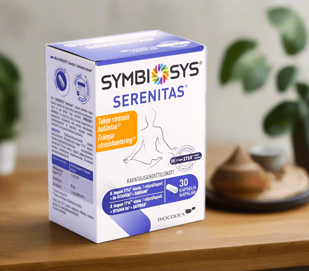 Symbiosys Serenitas -käyttötarkoitus: Uutuus Symbiosys® Serenitas® on kehitetty erityisesti stressinhallinnan ja mielen tasapainon tueksi, sisältäen sahramin ja B6-vitamiinin edistämään emotionaalista tasapainoa ja hermoston normaalia toimintaa