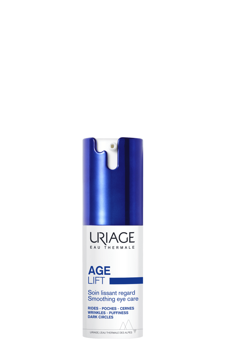 Uriage Age Lift Silmänympärysvoide 15 ml - tuote kuva esittäen silmänympärysvoidetta ja sen tekstuureja, sopiva ikääntymisen merkkejä vastaan taistelemiseen
