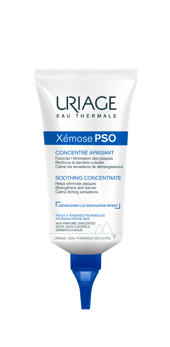 Uriage Xemose PSO rauhoittava tiivistettä 150 ml -tuotekuvaus, joka auttaa hoitamaan psoriasista ihoa