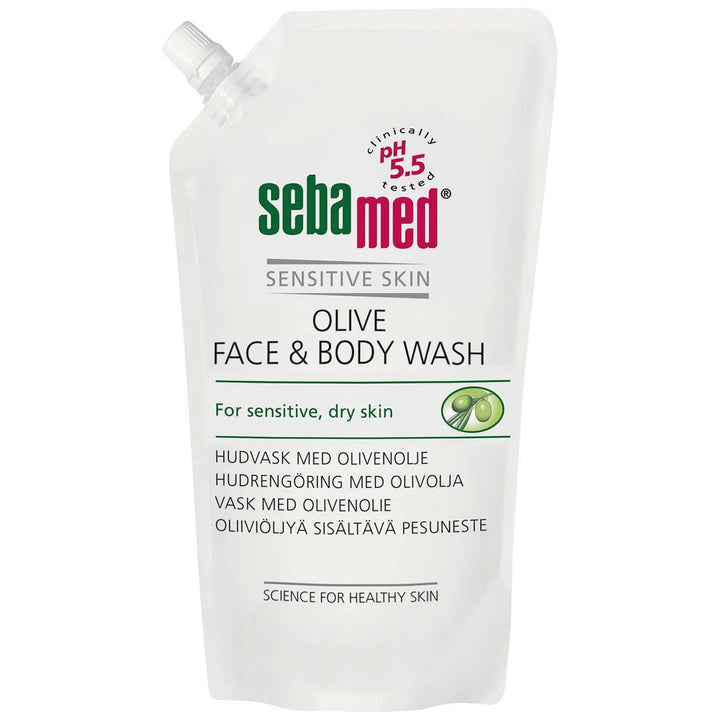 Long-lasting Sebamed Olive Face and Body Wash refill pack, gentle, nourishing skin cleanser for all skin types, especially sensitive and dry skin