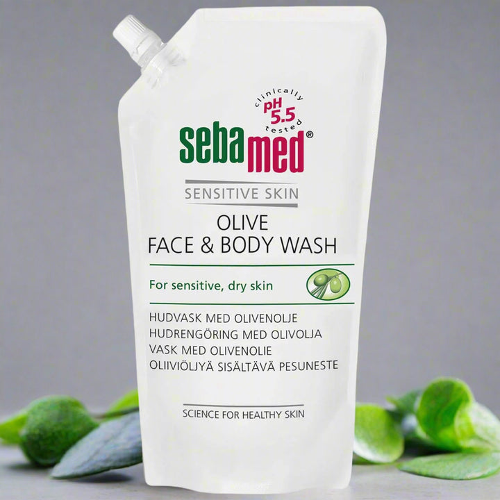 Sebamed Olive Face and Body Wash refill pack, gentle cleansing product for sensitive skin with nourishing olive extract, suitable for face and body