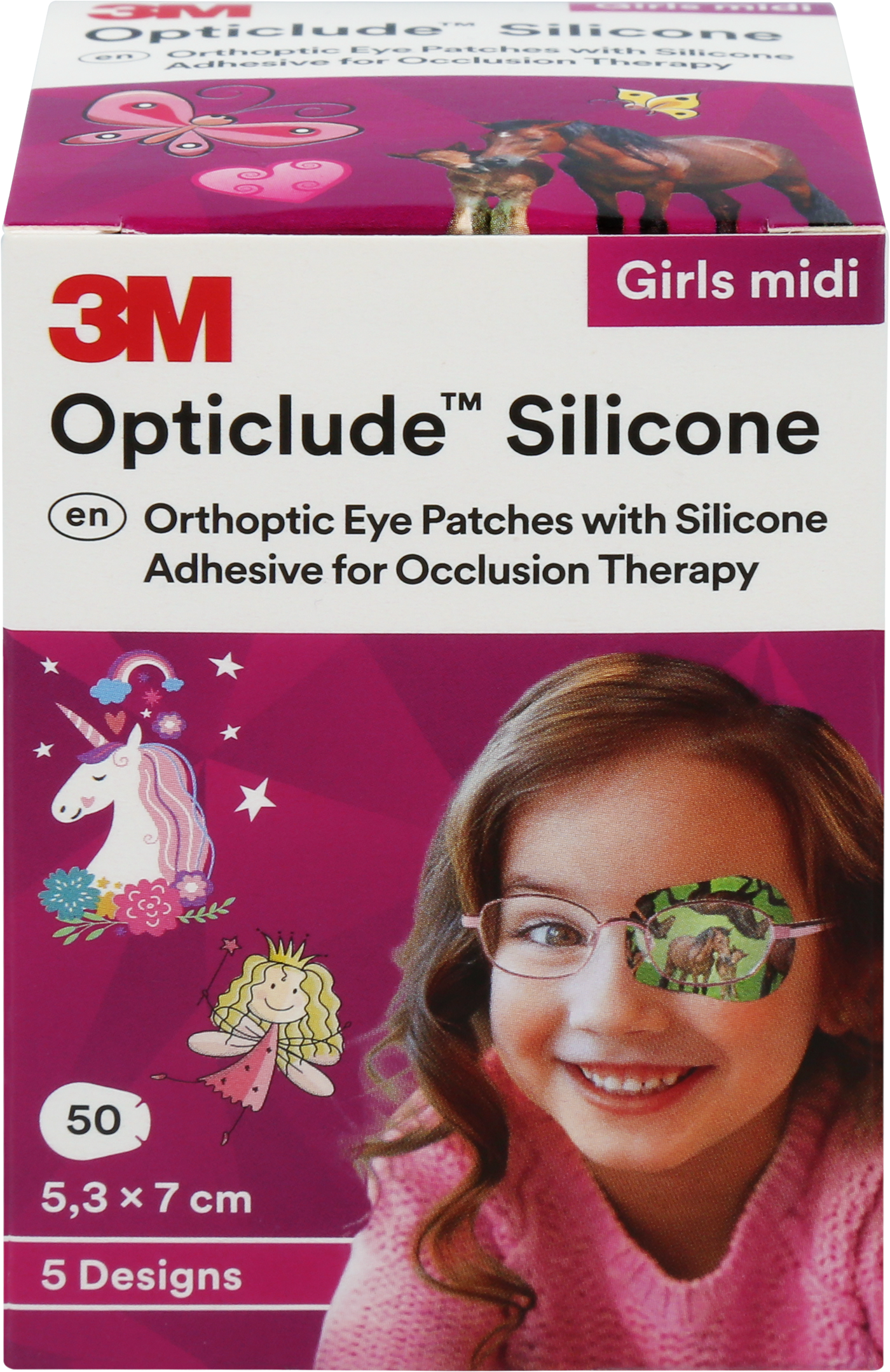 Opticlude Silicone Midi, 3-6 vuotiaille, 50 kpl lajitelma tytöille tuotesisältö altistuslaastari lapsille, jotka ovat iältään 3-6 vuotta