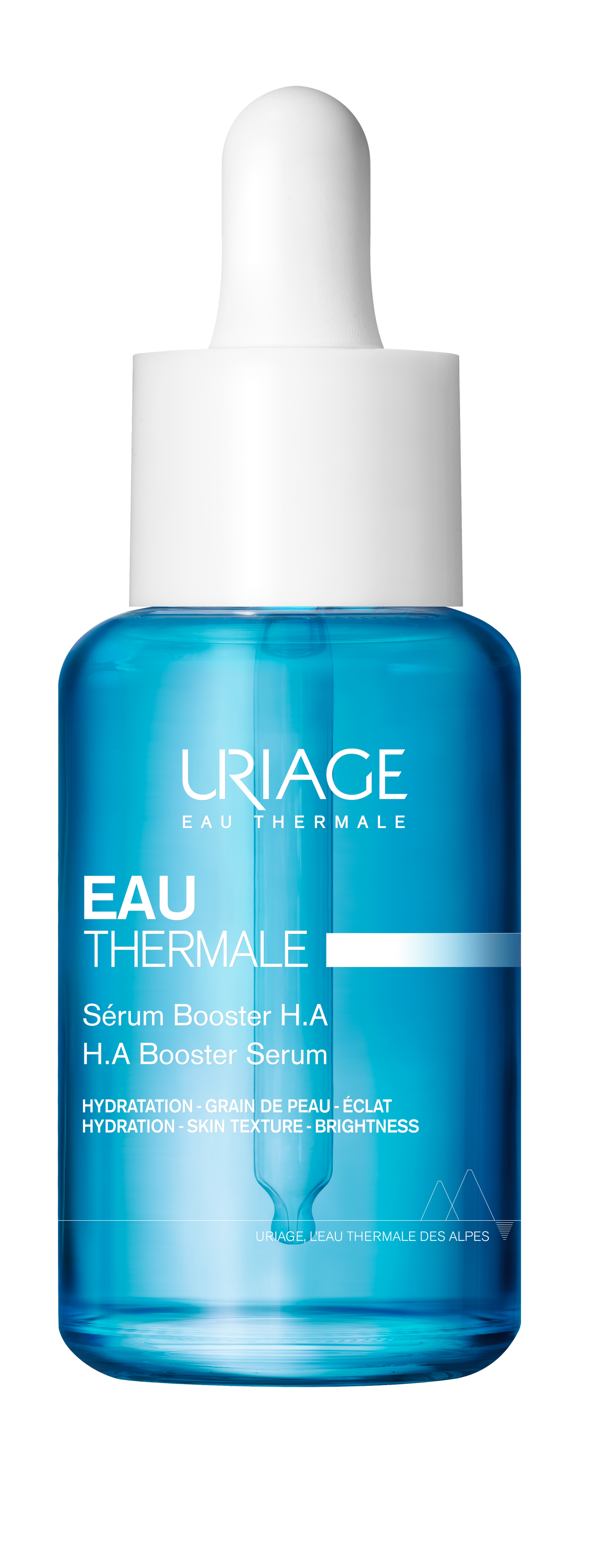 Uriage Eau Thermale Water HA Booster seerumi 30 ml -tuotteen kuvauskuva, joka esittelee seerumin pakkausta ja tuotetta