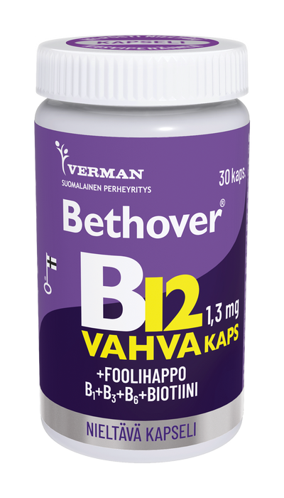 Bethover Strong B12 Nieltävä Kapseli, joka sisältää vahvan B12-vitamiinin annoksen