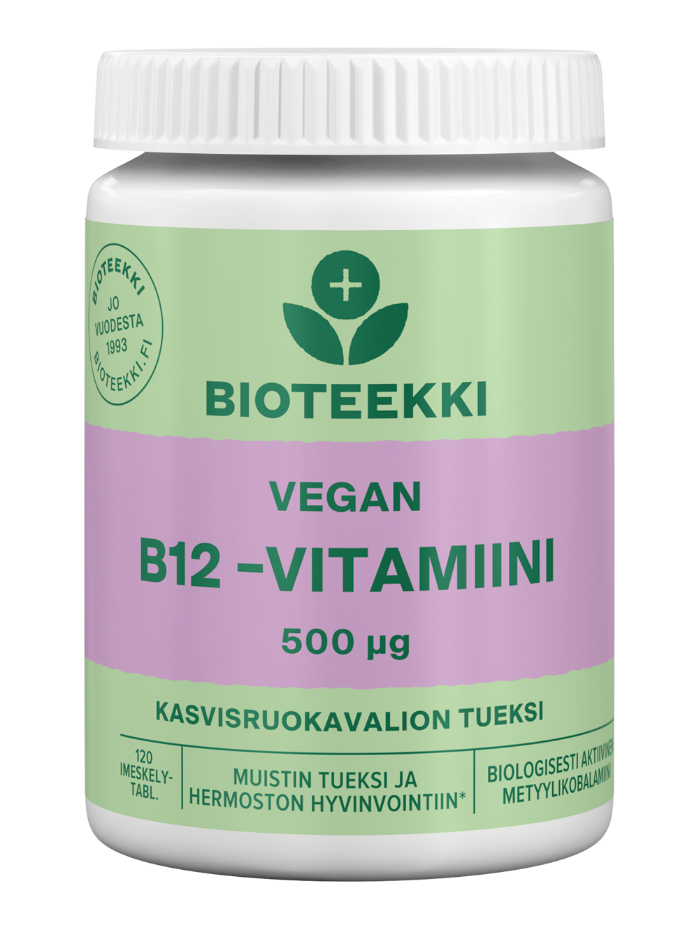 Kuva Bioteekki Vegan B12-Vitamiini -tuotteesta, joka on vegaaninen B12-vitamiinilisä