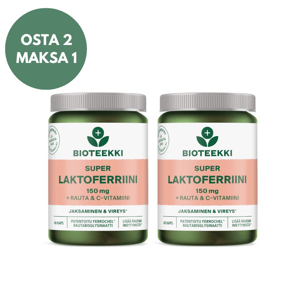 Bioteekki Super Laktoferriini + Rauta & C, OSTA 2 MAKSA 1 -tuotetta kuvaava kuva, joka sisältää lisäravinteen nimen, tarjouksen ja tuotteen ominaisuudet