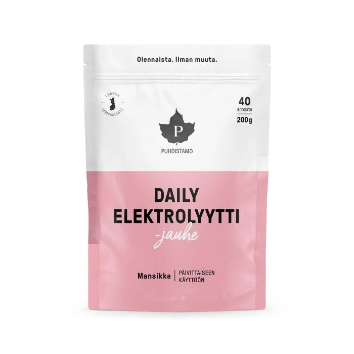 Puhdistamo Daily Elektrolyytti, Mansikka 200 g - luonnollinen mansikkamaustettu elektrolyyttijauhe