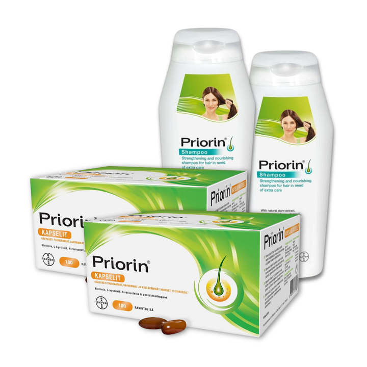 Priorin Säästöpakkaus: Priorin 180 kaps x 2 kpl & Priorin Shampoo 200 ml x 2 kpl