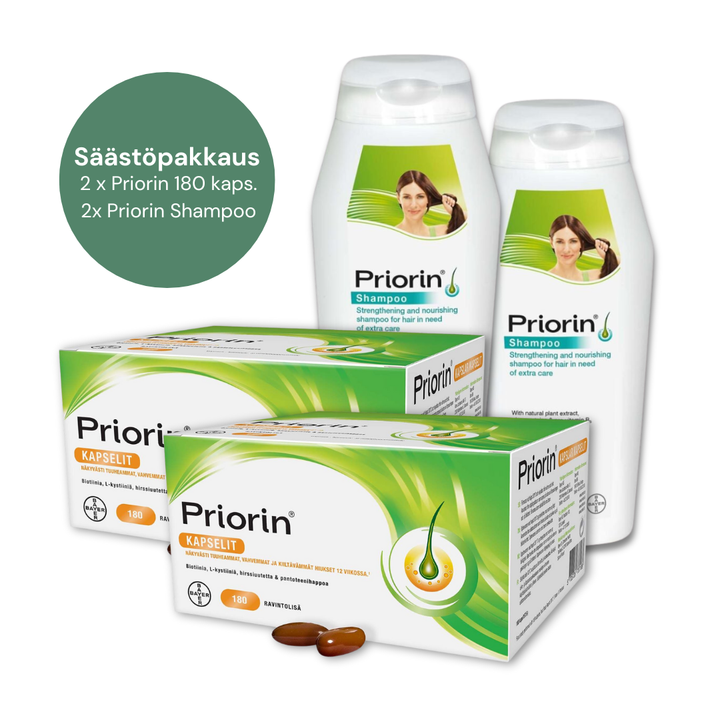 Priorin Säästöpakkaus: Priorin 180 kaps x 2 kpl & Priorin Shampoo 200 ml x 2 kpl