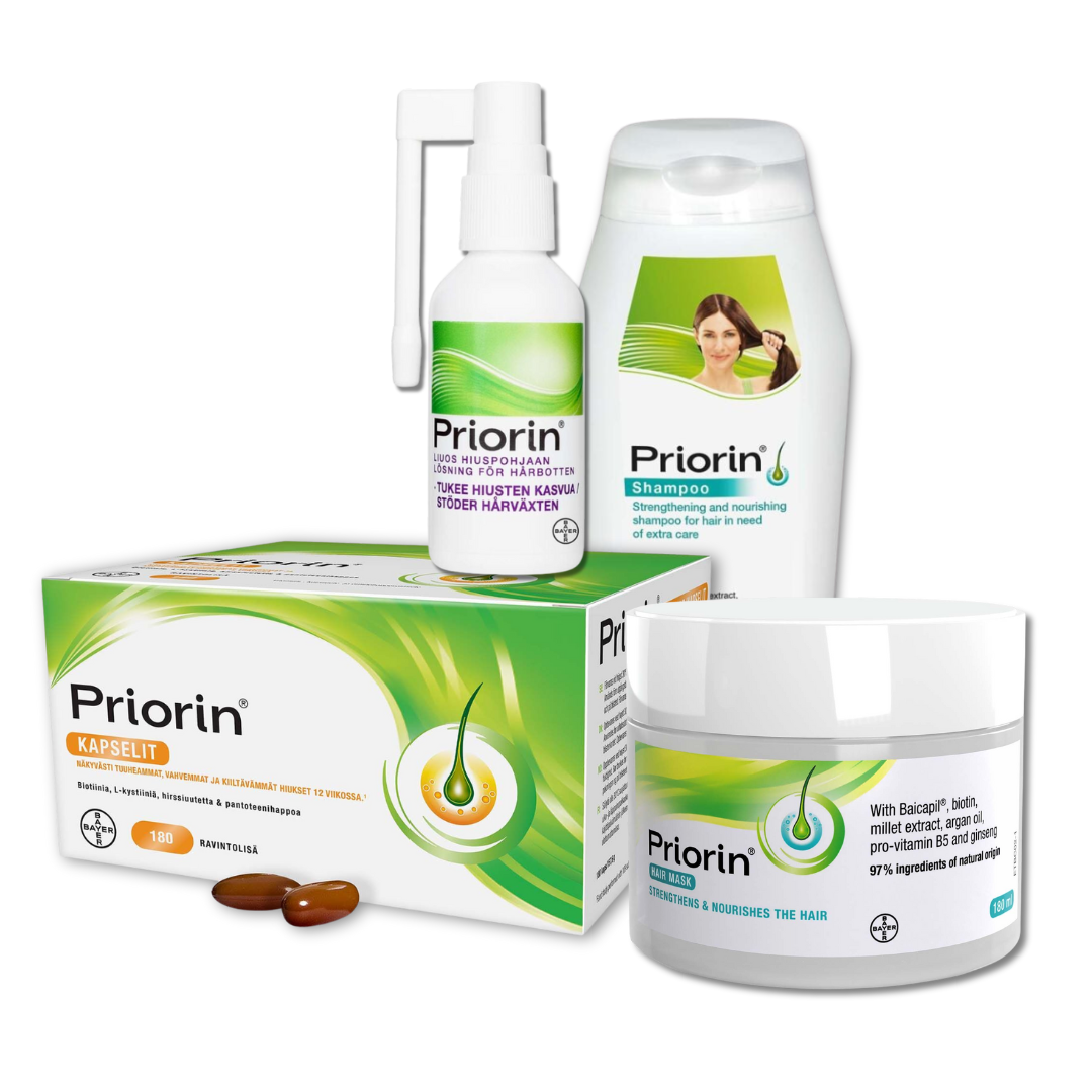 Priorin Hiusten Hyvinvointipaketti: 180 kaps, Liuos, Hiusnaamio & Shampoo