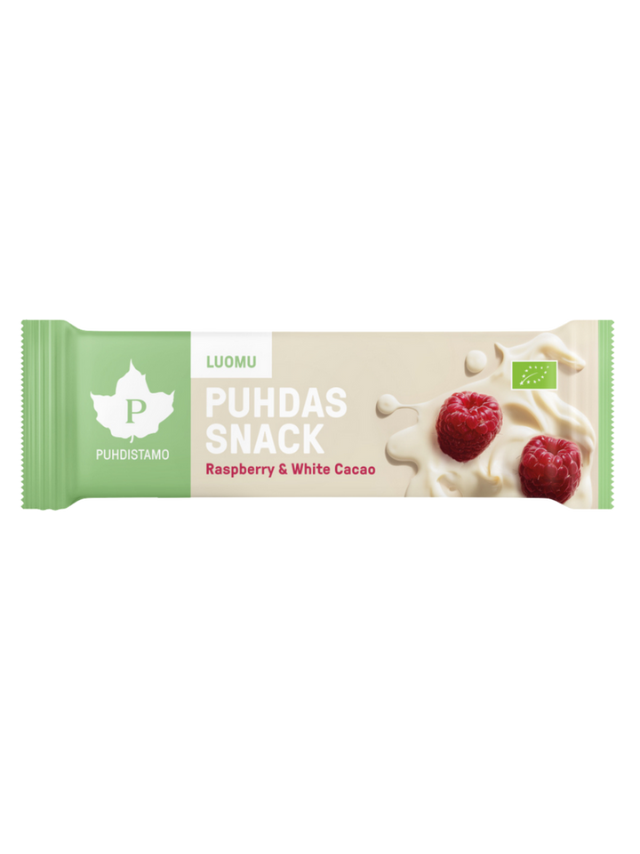 Puhdistamo Puhdas Snack -patukka, Raspberry & White Cacao, Luomu, 40g