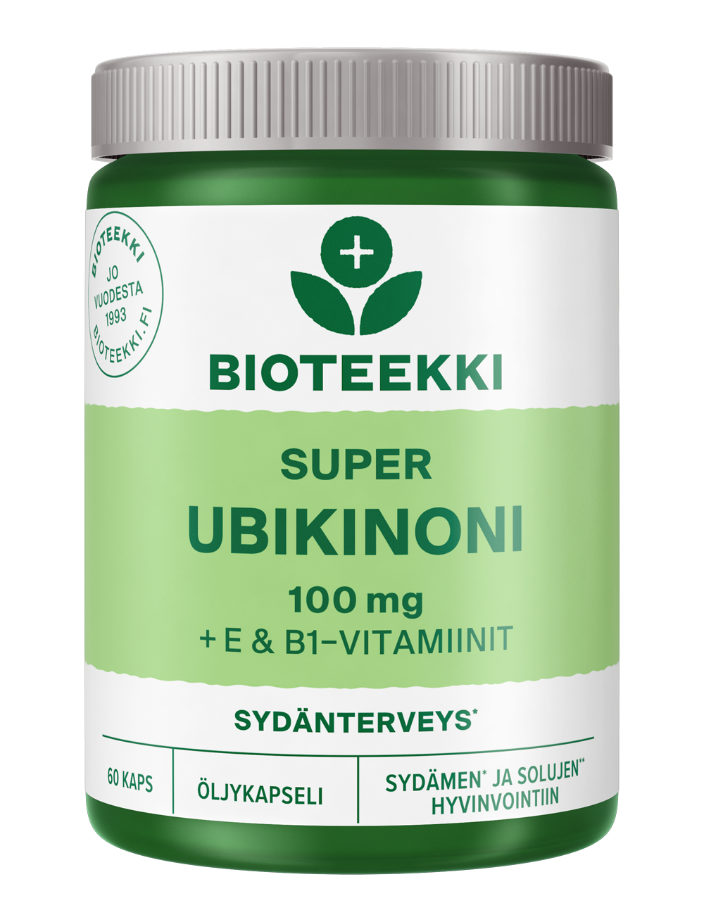 Tuote Bioteekki Super Ubikinoni Q10 - vahva ja monipuolinen ubikinonivalmiste, joka sisältää B1-vitamiinia ja luontaista E-vitamiinia tukemassa ubikinonin toimintaa, edistäen sydämen normaalia toimintaa ja solujen suojaamista hapettumisstressiltä Sopii käytettäväksi yhdessä statiinien kanssa ja jatkuvaan käyttöön Gluteeniton, laktoositon, maidoton, sokeriton, ei sisällä säilöntäaineita