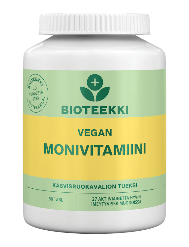 Kuva Bioteekki Vegan Monivitamiini 90 tabl -tuotteesta, joka sopii kasvissyöjille ja vegaaneille, sisältää monipuolisesti vitamiineja ja kivennäisaineita