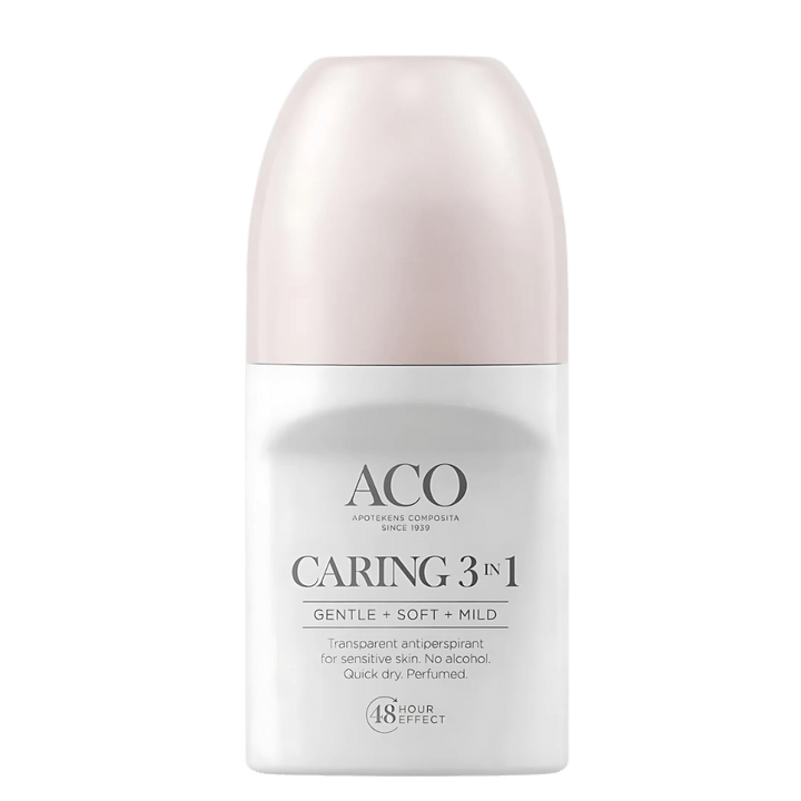 Tehokas ja hoitava Aco Body Deo Caring 3 In 1 Hajustettu antiperspirantti herkälle iholle