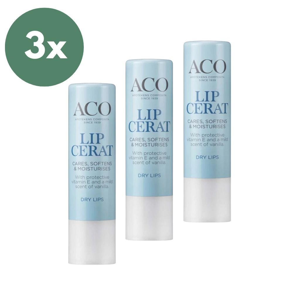 ACO Face Lip Cerat 4,6 g x 3 kpl, Säästöpakkaus - kosteuttava huulivoide kolmen pakkauksessa