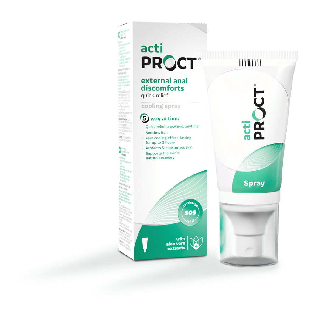 Kuva ActiProct Spray 50 ml:sta, joka on tarkoitettu peräpukamien hoitoon ja lievitykseen