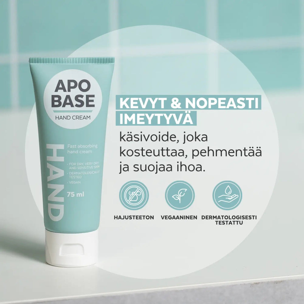 

Apobase Hand Cream nopeasti imeytyvä käsivoide, joka vahvistaa ihon suojakerrosta