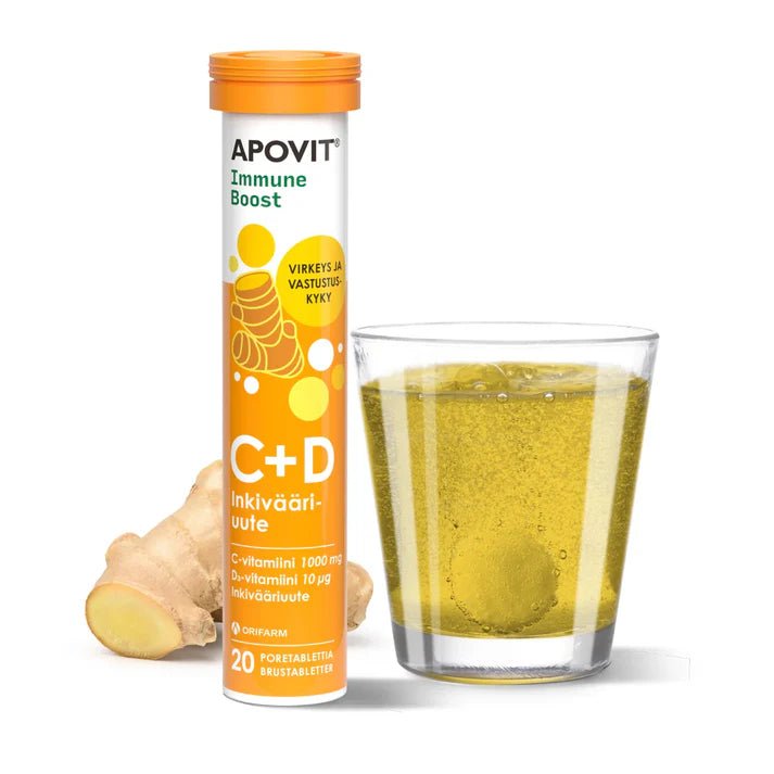 Poretabletti Apovit Immune Boost C- ja D-vitamiinilla sekä inkiväärillä, joka vahvistaa vastustuskykyä