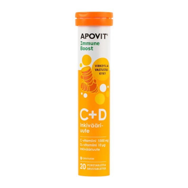 Apovit Immune Boost C- ja D-vitamiini- ja inkivääriuuteporetabletti, joka sisältää 1000 mg C-vitamiinia, 10 µg D3-vitamiinia ja 180 mg aitoa inkivääriuutetta, edistää immuunijärjestelmän normaalia toimintaa sekä varmistaa päivittäisen D-vitamiinin saannin