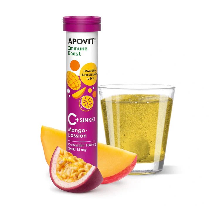 Apovit Immune Boost C-vitamiini ja Sinkki, Mango-passion ravintorikas tuote kuvaus