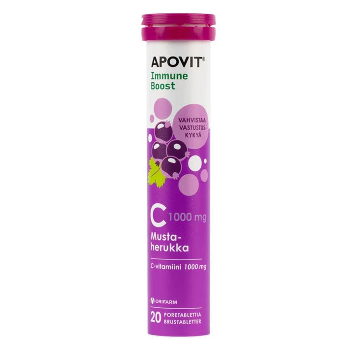 Apovit Immune Boost C-Vitamiini, Mustaherukka poretabletti, runsaasti C-vitamiinia sisältävä, vahvistaa vastustuskykyä, vähentää väsymystä, aikuisille ja yli 8-vuoitaille lapsille