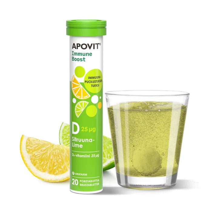 Apovit Immune Boost D-Vitamiini, Sitruuna-Lime ravintolisä, joka vahvistaa vastustuskykyä ja edistää immuunijärjestelmän normaalia toimintaa