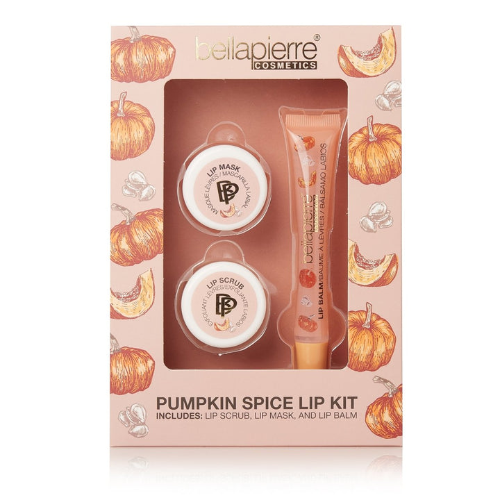 Pumpkin Spice Lip Kit -kuvassa on Bellápierren tuote, joka sisältää huulipunan, huultenrajauskynän ja kiillon 