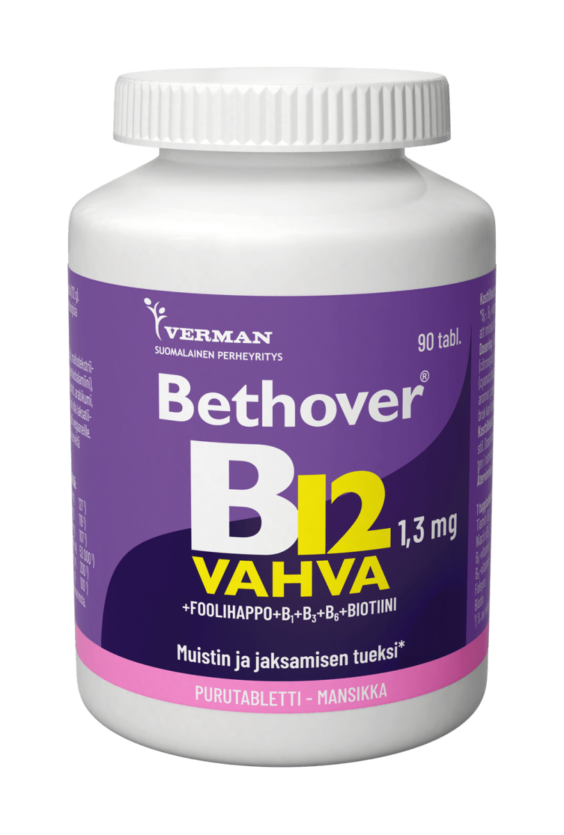 Close-up of Bethover Strong B12 Mansikka supplement bottle with strawberry flavor