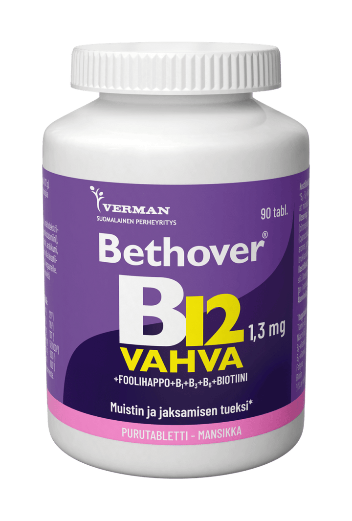 Close-up of Bethover Strong B12 Mansikka supplement bottle with strawberry flavor