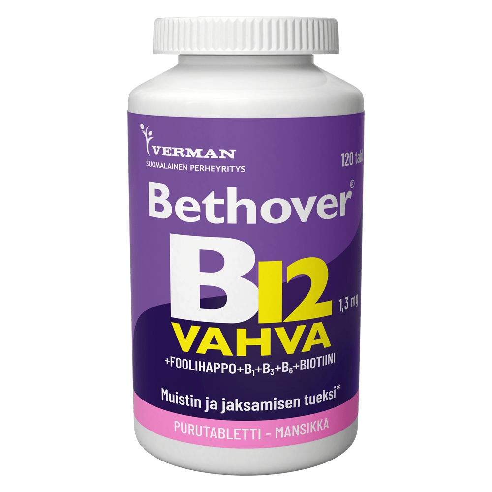 Bethover Strong B12 Mansikka, a powerful vitamin B12 supplement with delicious strawberry flavor