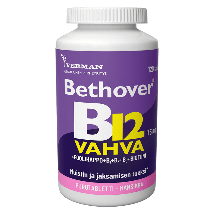 Bethover Strong B12 Mansikka, a powerful vitamin B12 supplement with delicious strawberry flavor
