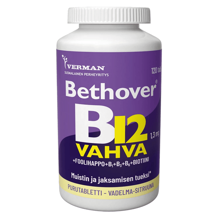 Vadelma-sitruuna-makuiset Bethover Strong B12 -vitamiinipurutabletit 