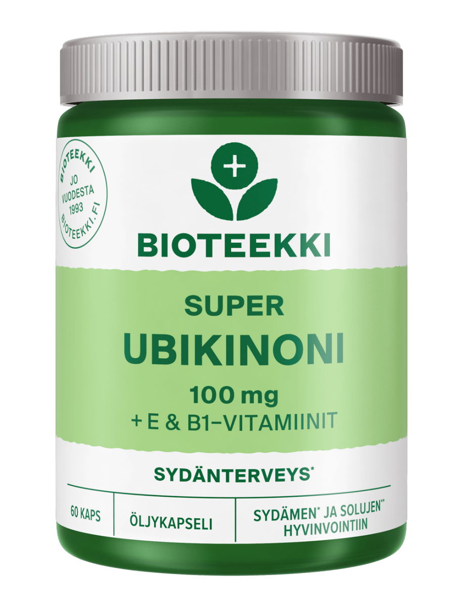 Tuote Bioteekki Super Ubikinoni Q10 - vahva ja monipuolinen ubikinonivalmiste, joka sisältää B1-vitamiinia ja luontaista E-vitamiinia tukemassa ubikinonin toimintaa, edistäen sydämen normaalia toimintaa ja solujen suojaamista hapettumisstressiltä Sopii käytettäväksi yhdessä statiinien kanssa ja jatkuvaan käyttöön Gluteeniton, laktoositon, maidoton, sokeriton, ei sisällä säilöntäaineita