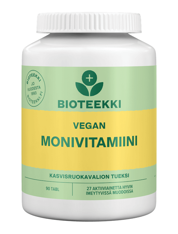 Kuva Bioteekki Vegan Monivitamiini 90 tabl -tuotteesta, joka sopii kasvissyöjille ja vegaaneille, sisältää monipuolisesti vitamiineja ja kivennäisaineita